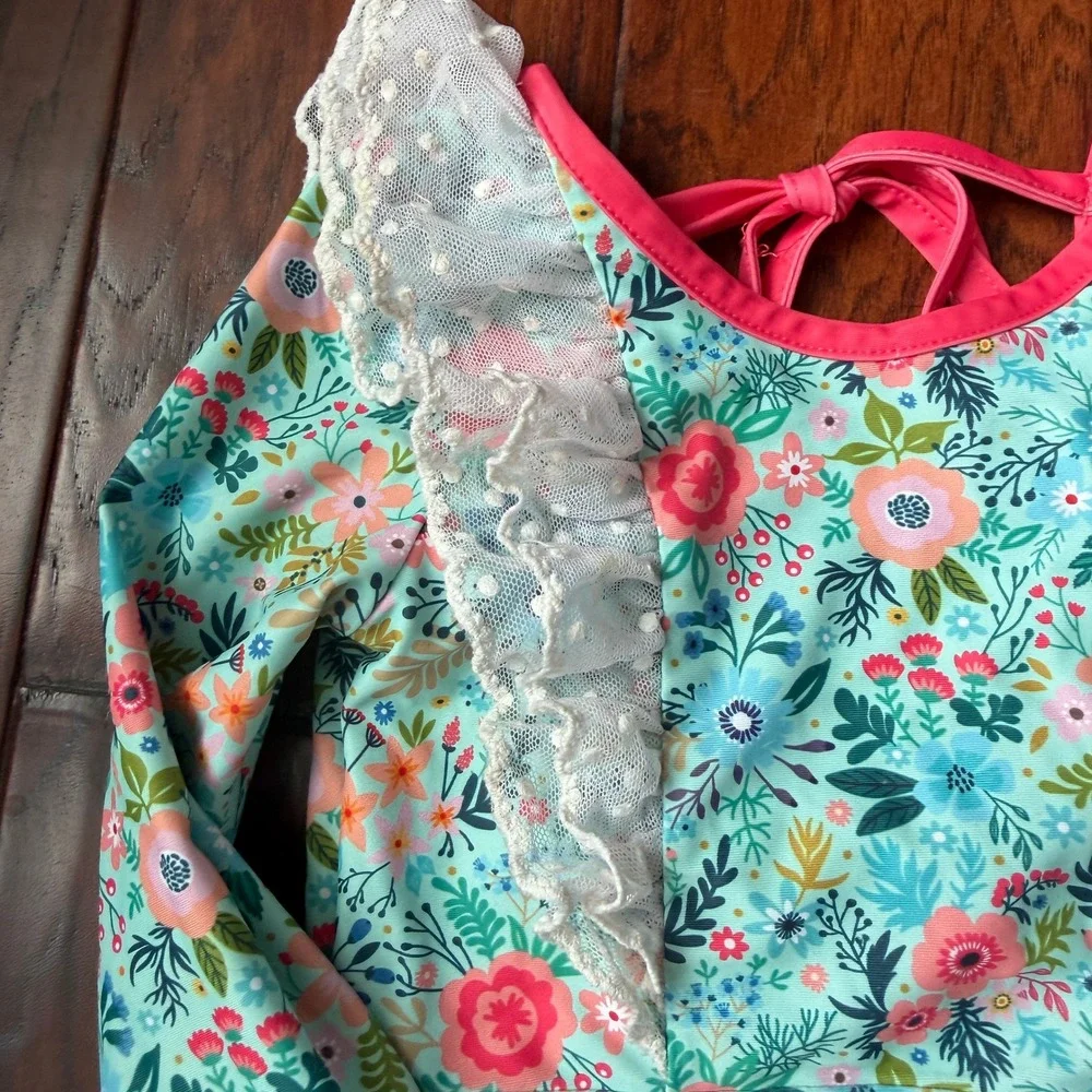 Love + Grow Clothing Co 5Y Floral Long Sleeve Swimsuit Lace Ruffle Beach Boho